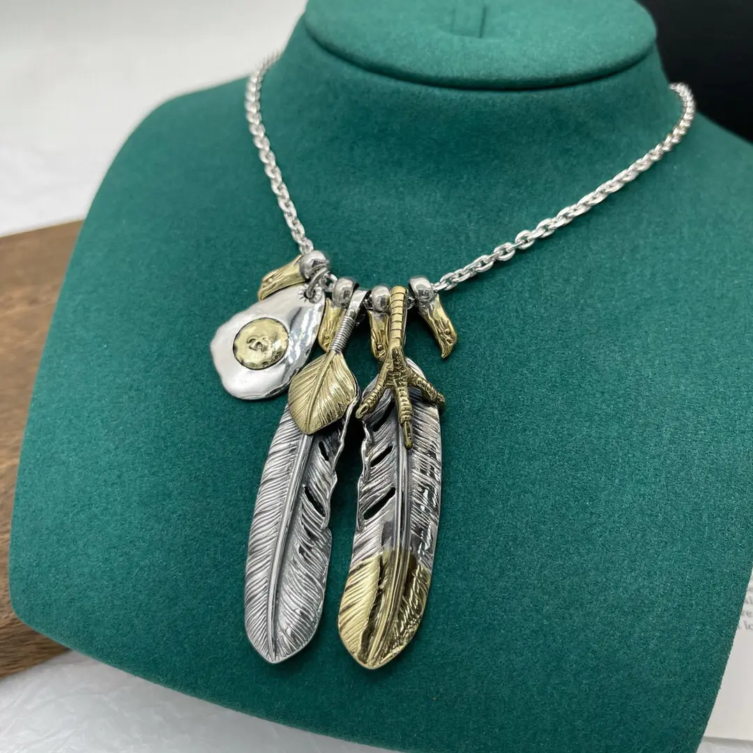 HELE OEM Custom 925 Sterling Silver Vintage Beach Poho Fashion Leaf Long Necklace Men's Eagle Claw Feather Pendant Necklace