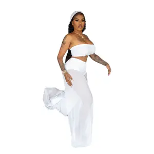 Conjunto de falda Maxi transparente elegante de dos piezas para mujer con Top corto bandeau-Conjunto blanco de verano elegante