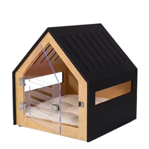 Moderno personalizado elegante acrílico transparente resistente plegable interior casa perrera perro caja de madera para animales pequeños