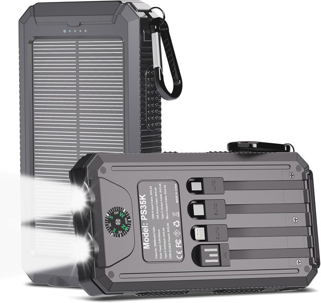 20000mAh Solar Power Bank Wireless Fast Charging with Dual USB & Type-C Built in 4 Cables LED Flashlight for Camping/Hiking