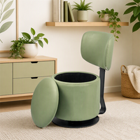 Taburete Redondo Verde con Respaldo Fijo, Giratorio 360 Grados, de Cuero PU, con Gran Espacio de Almacenamiento Interior para Dormitorio o Vestidor