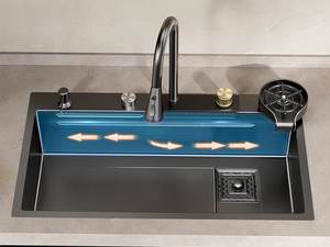 Fregadero de Cocina Grande de un Solo Tazón, Hecho a Mano, de Acero Inoxidable 304 Negro Nano, Modelo Rainfall Waterfall - Product Image 4