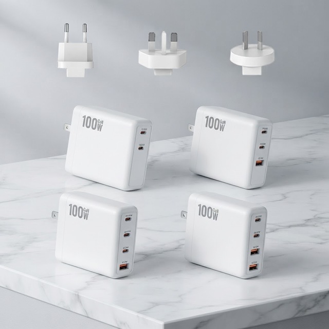 Interchangeable Plug 100W GaN Wall Charger PD3.0 QC4.0 Multi USB-C USB-A Ports Travel Power Adapter EU UK AU Replaceable Plugs