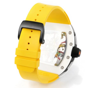 Montre de luxe à tourbillon squelette en forme de baril, couleur arc-en-ciel, boîtier blanc, bracelet en fluororubber jaune, montre-bracelet tendance, meilleure vente - Product Image 6