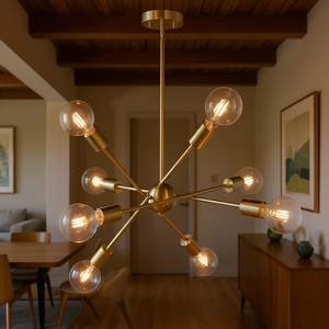 Lustre Sputnik moderne à 8 lumières, finition nickel brossé doré, luminaire de plafond pour salle à manger, couloir, éclairage suspendu de style mid-century - Product Image 2