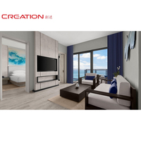 Ensemble de mobilier d'hôtel de luxe avec vue sur la mer, mobilier d'hôtel personnalisé avec lit king-size et balcon pour projet