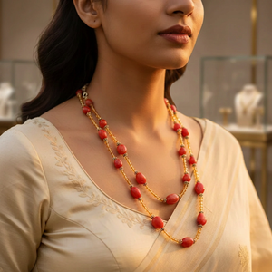Collier artisanal bohème en perles de corail rouge pour femme, avec chaînes en laiton plaqué or, bijoux religieux en quartz, cadeau - Product Image 2