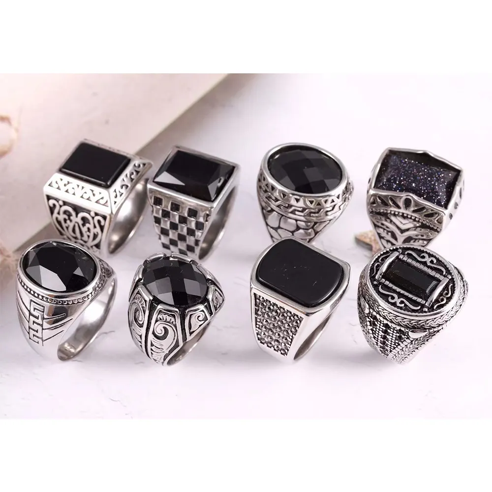 Retro men's flat stainless steel ring domineering pattern steel ring embossed pattern ring