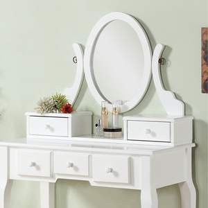 Table de maquillage avec tabouret, miroir réglable, tiroirs de rangement, meubles de chambre à coucher, bois blanc, design traditionnel - Product Image 4