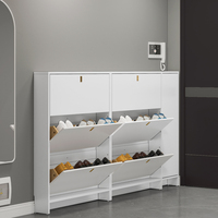 Meuble de rangement moderne blanc ultra-fin en bois de 17 cm avec étagère basculante anti-poussière pour chaussures, gain de place