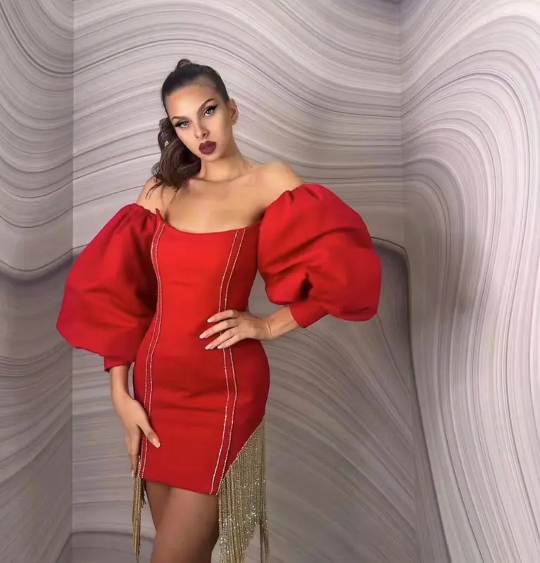 NOVANCE new arrival 2023 products puff sleeve off shoulder red dress with golden tassel sexy women's dresses for party