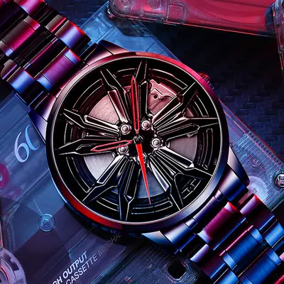Quadrante cavo in acciaio inossidabile 3d Stereo Sport in pelle impermeabile Sport Rim Hub Wheel orologio da polso orologi da uomo al quarzo per auto
