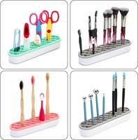 Organisateur de bureau en silicone, support à stylos multi-trous pour le bureau, support de rangement pour pinceaux de maquillage à grille géométrique, sans BPA