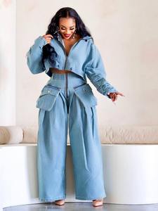 BR4571 moda Retro ampia gamba larga industria pesante Denim due pezzi Set di <span class=keywords><strong>abbigliamento</strong></span> da <span class=keywords><strong>donna</strong></span> autunno - Product Image 6