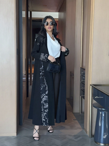 Abaya Moderna y Elegante para Mujer, Ropa Islámica Tradicional de Lujo de Dubái, Estampado Floral Negro Hecho a Mano, Poliéster, Primavera Verano - Product Image 4