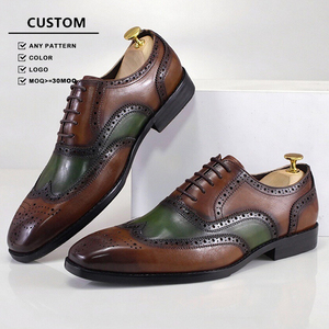 Chaussures Oxford en cuir véritable pour hommes, style business formel, marron-vert, perforées, bout carré - Product Image 1