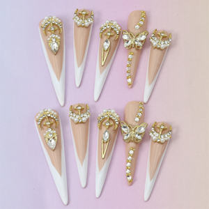 Uñas Postizas de Lujo Hechas a Mano, Estilo Stiletto, Punta Francesa, 10 Piezas, Reutilizables, Acrílicas, con Diseño de Mariposa - Product Image 3