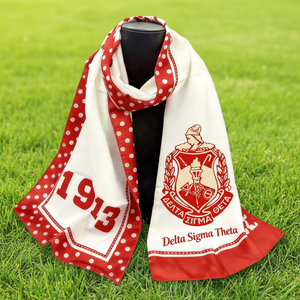 Écharpe Delta Sigma Theta blanche et <span class=keywords><strong>rouge</strong></span> avec lettres grecques imprimées, écharpe de célébration universitaire 1913 DST pour femmes - Product Image 1