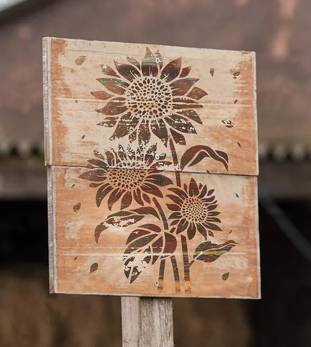 Estêncil de flor de girassol de plástico, estêncil para pintura em tela, tecido de madeira e móveis para parede