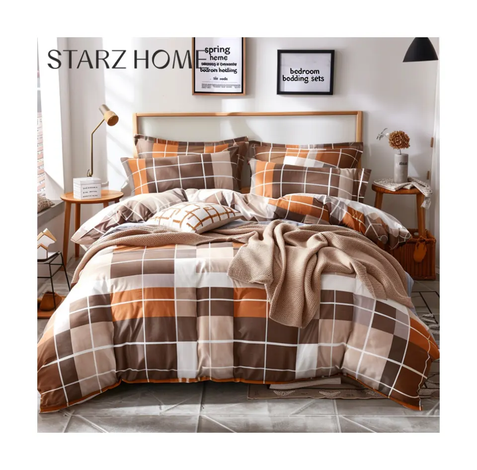 Starz Home xadrez atacado hotel branco saias lençóis capas de edredão conjunto de cama de casal- luxo