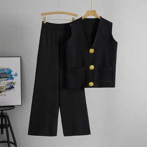Conjunto informal de moda de verano para mujer, chaleco de botón de punto transpirable y pantalones de pierna ancha lisos, combinación de patrón sólido - Product Image 2