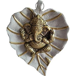 Wall <b>Hanging</b> Hand-carved <b>White</b>-Golden Metal Ganesha for Home or Office Decor - Product Image 3