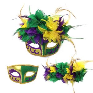 Maschera di Carnevale in Polvere a <span class=keywords><strong>Tre</strong></span> Colori con Piume e Fiori, Mezza Maschera per Occhi, Stile Veneziano Italiano - Product Image 6