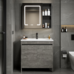 Meuble-lavabo <span class=keywords><strong>de</strong></span> salle <span class=keywords><strong>de</strong></span> bain <span class=keywords><strong>de</strong></span> luxe gris en aluminium, à poser au sol, avec vasque en céramique, double porte sans poignée, miroir intelligent LED anti-buée, pour <span class=keywords><strong>la</strong></span> maison - Product Image 2