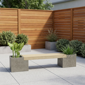 Modern Outdoor <b>Wooden</b> <b>Bench</b> with Dual Concrete Planters for Patio Use - Product Image 1