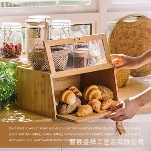 Bamboo Bread Storage Box Rectangle Natural Wood Color Wooden Lid For <b>Kitchen</b> Snack Fruit Storage - Product Image 4