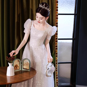 Silver Gray Sequined Evening Gown Square Collar Natural Waistline Princess Dress For Coming Of Age Ceremony - Product Image 2
