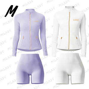 Setelan Olahraga 2 Potong Slim Fit Elastis Tinggi dengan Logo Kustom, Jaket Ber-Resleting dan Setelan Celana Pendek untuk Pakaian Wanita 2025 - Product Image 4