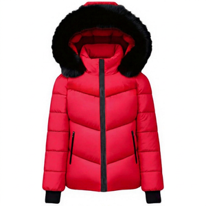 Blouson matelassé en polaire rouge à capuche avec bordure en fourrure, fermeture éclair longue sur le devant, coupe-vent, unisexe, vêtement d'extérieur décontracté d'hiver en polyester - Product Image 1