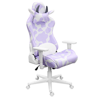 Chaise de gaming ergonomique inclinable style course, motif vache lavande, avec coussin lombaire en peluche et base blanche