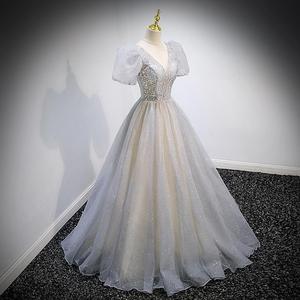 Ethereal V-Neck Ball Gown Evening Dress With Puff Sleeves Chiffon Empire Waistline For Women Spring Formal Wear - Product Image 3