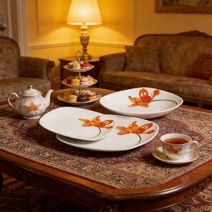 Service de table carré en porcelaine 18 pièces, écologique, avec assiettes blanches à motifs floraux, pour 6 personnes - Product Image 1