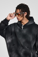 Sweat à capuche oversize pour homme, effet délavé vintage, avec doublure polaire, détails déchirés et usés, motif graffiti singe audacieux, style streetwear
