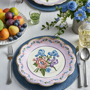 Piring kertas sekali pakai berdiameter 9 inci dengan motif bunga pastel dan pinggiran emas bergelombang untuk resepsi pernikahan & prasmanan - Product Image 4