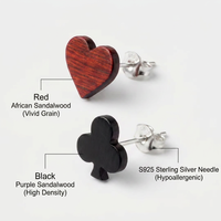 Boucles d'oreilles artisanales en bois motif carte de poker, aiguille en argent S925, bois de santal violet africain, motifs Cœur, Pique, Club, Diamant, taille personnalisée, lot mixte