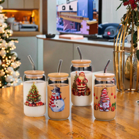Gobelet en verre motif Noël avec couvercle en bambou et paille, en verre borosilicate transparent, pour soda, café glacé et jus