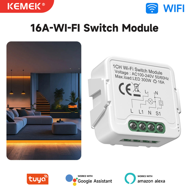 Tuya WiFi Smart Switch Module AC 100-240V 16A Relay LED Load 300W Wide Voltage, WiFi Relay Module