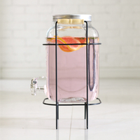 Distributeur de boissons en verre transparent de qualité alimentaire et pot Mason en verre avec support en métal poignée en bois et robinet vente en gros