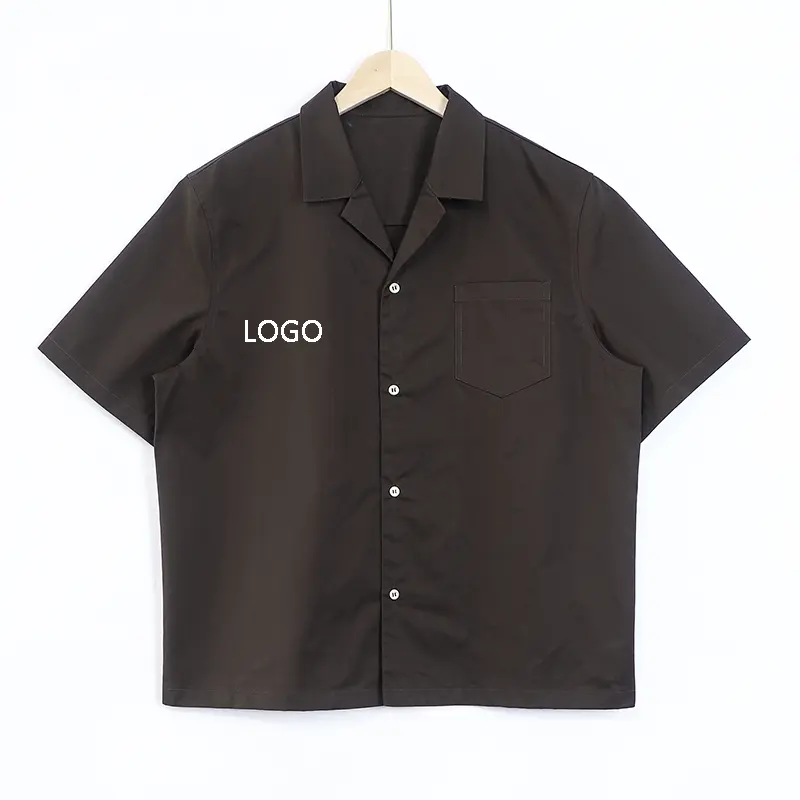 Casual 100% Cotton Black Shirt For Men Custom Logo Short Sleeves Boxy Fit Button Up Men's Shirts