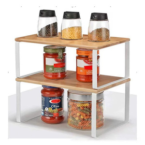 <b>Kitchen</b> Storage <b>Rack</b> 2 Tier Bamboo Wood With Metal Frame For Pantry Counter Organization - Product Image 1
