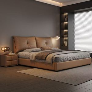Cama King Size de Cuero Genuino Color Crema, Diseño Italiano Minimalista de Alta Gama con Almacenamiento, Modelo 2025 - Product Image 2
