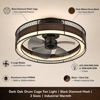 Ventilateur de plafond avec cage en chêne foncé, cadre en maille noire, moteur DC, 5 pales, 2 tailles, intensité variable pour salon, chambre, salle à manger