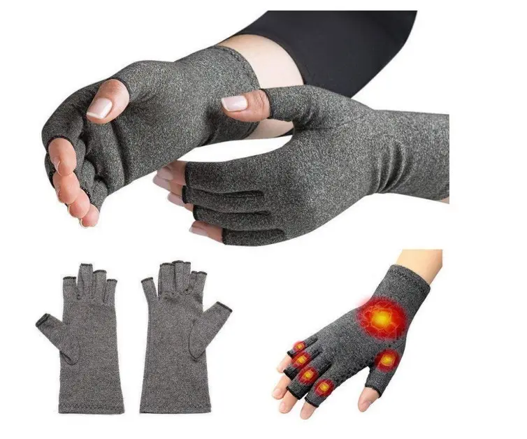 Fingerless grey heated spandex compression gloves protect Joints Relieve Arthritis Carpal Tunnel Compression Gloves
