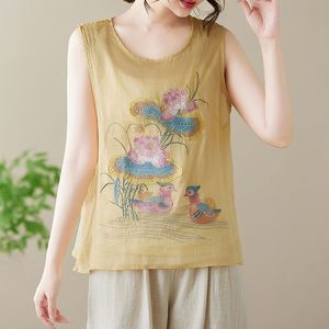 Black Embroidered Cotton Linen Sleeveless Camisole Top For Women Summer Chinoiserie Style Loose Fit Everyday Wear - Product Image 4