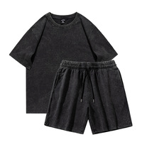 Groothandel zomerse katoenen vintage acid wash shorts en t-shirt set