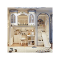 Lit mezzanine en bois massif confortable pour enfant JS Blue Castle, pour fille, avec bureau et bibliothèque pour l'étude et le sommeil, meubles de chambre pour filles